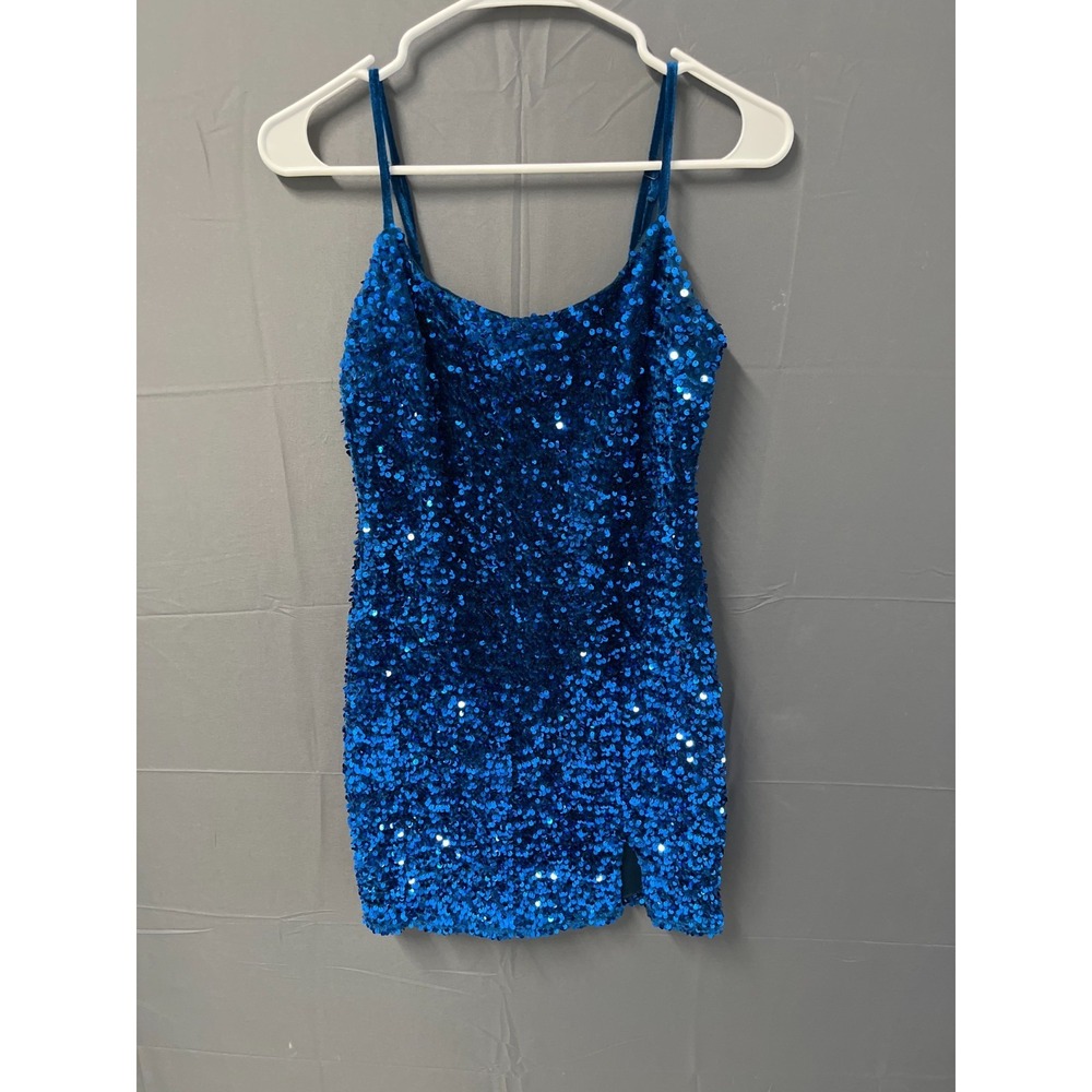 Midnight Doll Mini Sequin Shift Dress Women Small Blue Lined Front Slit Festival